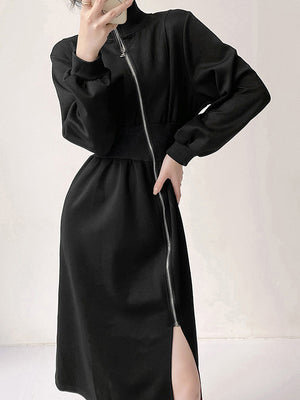 Momentlover Zipper Split-Front Asymmetric Long Sleeves High Neck Midi Dresses