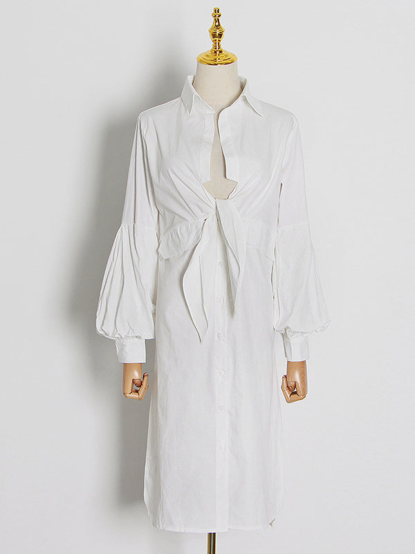 Momentlover Simple Flared Sleeves Loose Solid Color Lapel Collar Midi Dresses