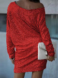 Momentlover Solid Color Sequined Asymmetric Three-Quarter Sleeves Puff Sleeves One-Shoulder Mini Dresses