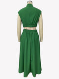 Momentlover Solid Color Pleated Belly-Hollow Cap Sleeve Stand Collar Maxi Dresses