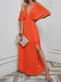 Momentlover Split-front Solid Color Loose Batwing Sleeves Deep V-Neck Maxi Dresses