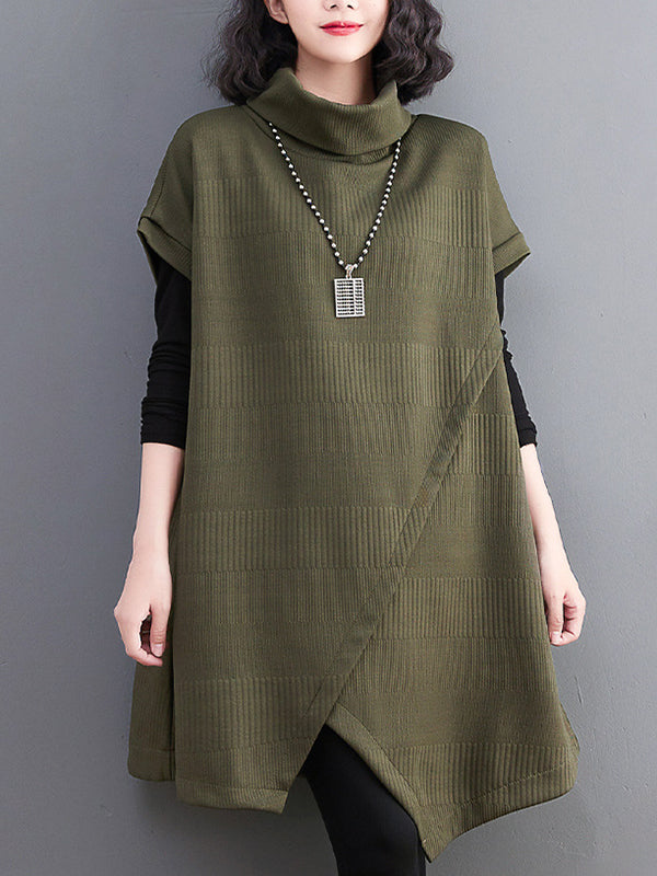 Momentlover Split-Joint Split-front Solid Color Asymmetric Short Sleeves Raglan Sleeve High-neck Mini Dresses Knitwear