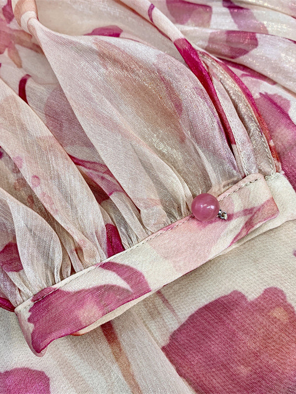 Momentlover Tiered Lace-Up Floral Printed Puff Sleeves Loose Cold Shoulder Mini Dresses