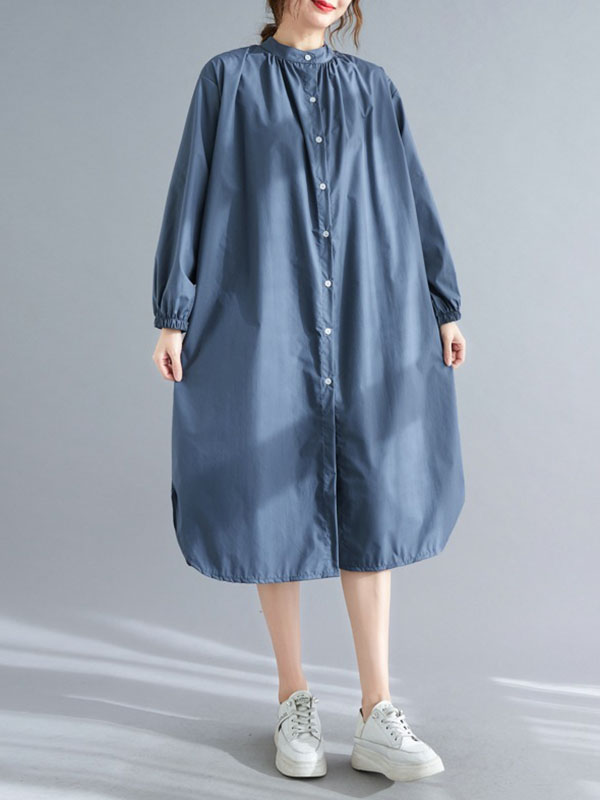 Momentlover Split-Side Elasticity Buttoned Loose Long Sleeves Mock Neck Shirt Dress Midi Dresses