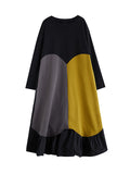 Momentlover Split-Joint Split-front Pleated Contrast Color Loose Long Sleeves Round-neck Midi Dresses
