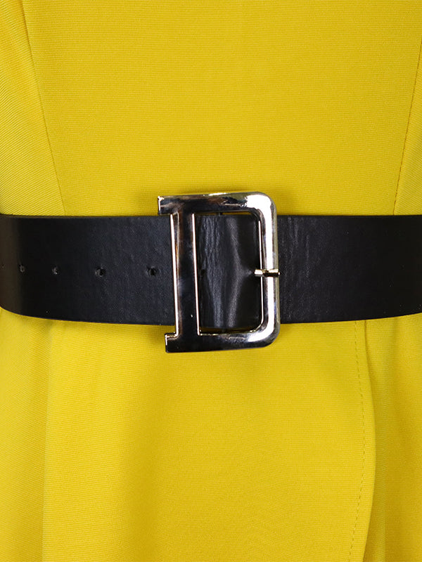 Momentlover Solid Color Belted Puff Sleeves Plus Size Round-neck Midi Dresses