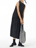 Momentlover Solid Color Pleated Sleeveless Loose Stand Collar Shirt Dress Midi Dresses