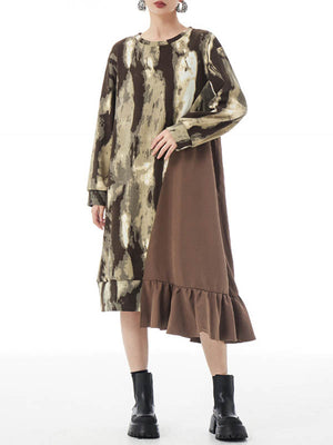 Momentlover Split-Joint Ruffled Contrast Color Asymmetric Loose Long Sleeves Round-Neck Midi Dresses