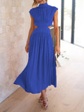 Momentlover Solid Color Pleated Belly-Hollow Cap Sleeve Stand Collar Maxi Dresses