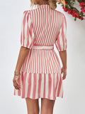 Momentlover Striped Buttoned Loose Half Sleeves Stand Collar Mini Dresses