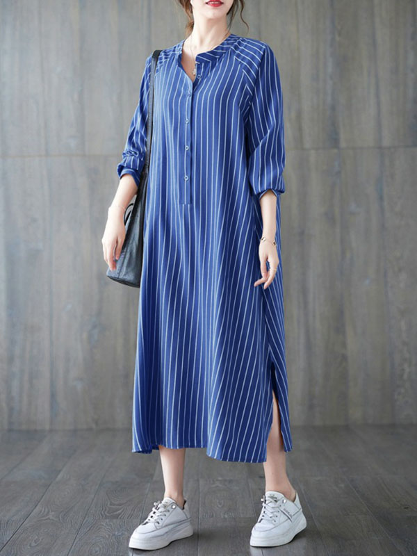Momentlover Striped Split-Side Buttoned Loose Long Sleeves Round-Neck Shirt Dress Midi Dresses