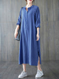 Momentlover Striped Split-Side Buttoned Loose Long Sleeves Round-Neck Shirt Dress Midi Dresses