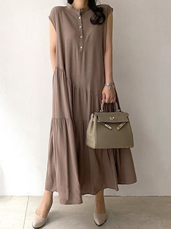 Momentlover Tiered Split-Joint Solid Color Ruffled Pleated Buttoned Sleeveless Loose Stand Collar Midi Dresses