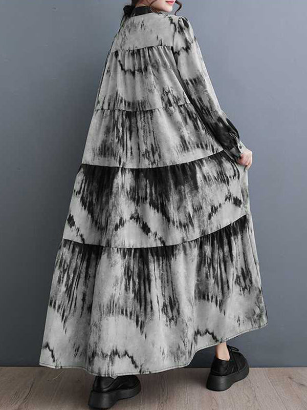 Momentlover Split-Joint Printed Pleated Loose Long Sleeves Stand Collar Midi Dresses
