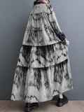 Momentlover Split-Joint Printed Pleated Loose Long Sleeves Stand Collar Midi Dresses