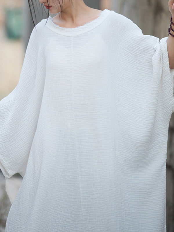 Momentlover Split-Side Solid Color Loose Long Sleeves Round-Neck Midi Dresses