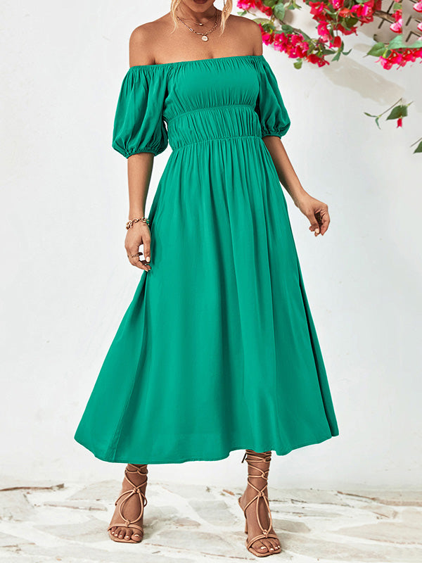 Momentlover Solid Color Short Sleeves Loose Off-The-Shoulder Midi Dresses