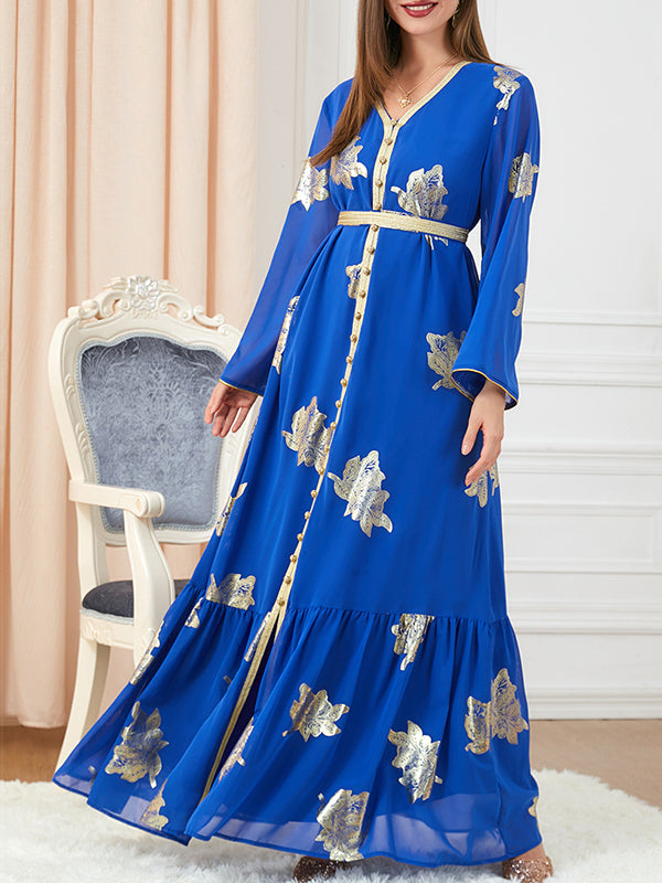 Momentlover Tied Waist Split-Joint Split-Front Printed Pleated Loose Long Sleeves V-Neck Maxi Dresses