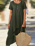 Momentlover Split-Joint Solid Color Asymmetric Short Sleeves Plus Size Round-Neck Midi Dresses