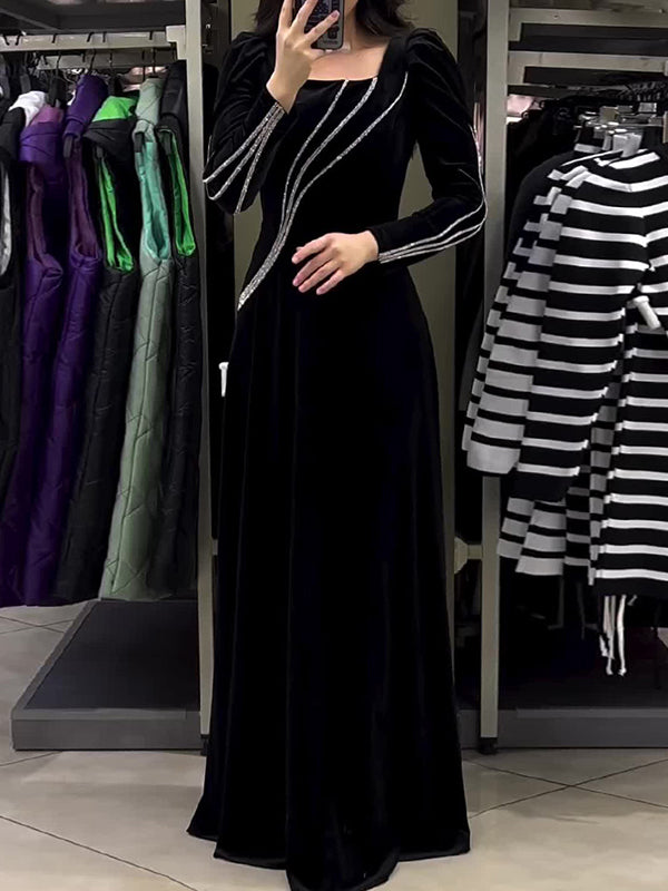 Momentlover Solid Color Tied Waist A-Line Sequined Long Sleeves Maxi Dresses