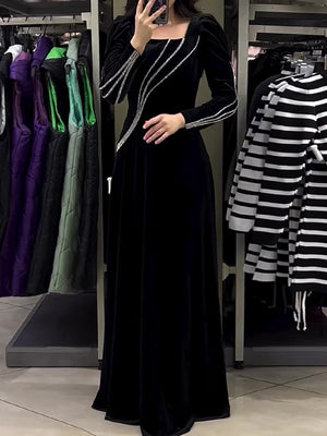 Momentlover Solid Color Tied Waist A-Line Sequined Long Sleeves Maxi Dresses