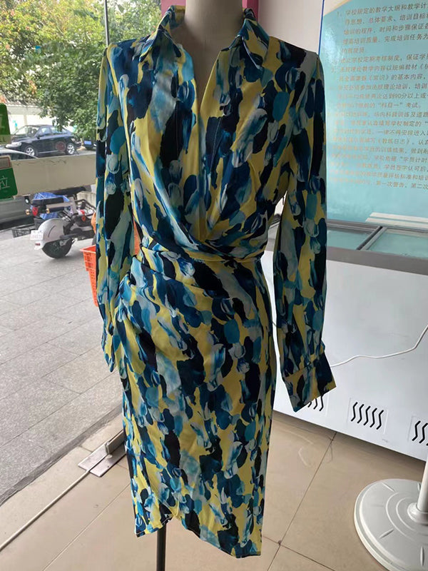 Momentlover Split-Joint Printed Pleated Asymmetric Long Sleeves High Waisted Lapel Midi Dresses