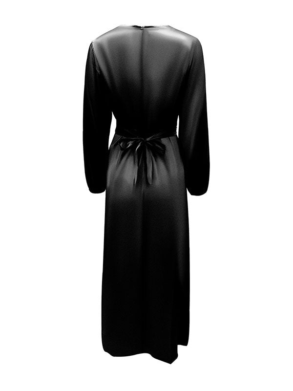 Momentlover Zipper Tied Waist Solid Color High-Waisted Wrap Round-neck Maxi Dresses