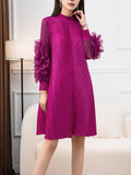 Momentlover Solid Color Pleated Embroidered Loose Long Sleeves Round-neck Midi Dresses