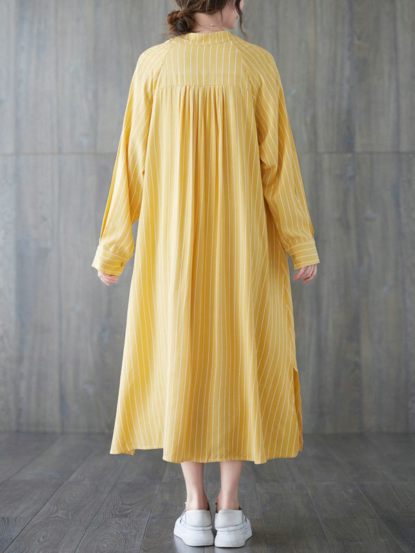 Momentlover Striped Split-Side Buttoned Loose Long Sleeves Round-Neck Shirt Dress Midi Dresses