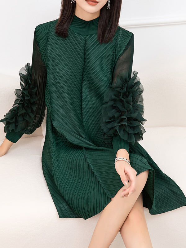 Momentlover Solid Color Pleated Embroidered Loose Long Sleeves Round-neck Midi Dresses