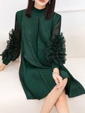 Momentlover Solid Color Pleated Embroidered Loose Long Sleeves Round-neck Midi Dresses