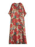 Momentlover Printed Short Sleeves Loose V-Neck Maxi Dresses
