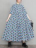 Momentlover Vintage Long Sleeves Loose Buttoned Contrast Color Printed Stand Collar Midi Dresses