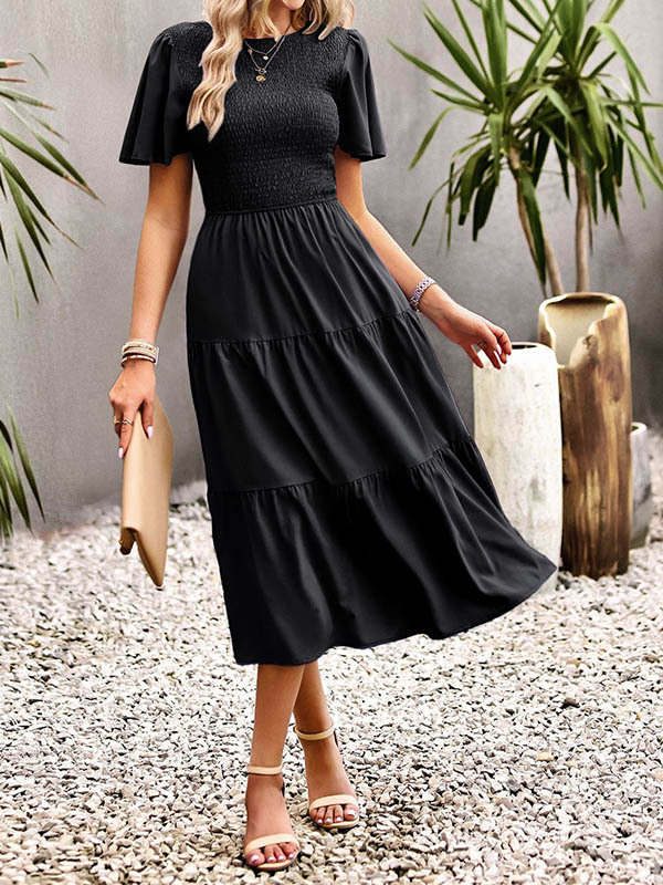 Momentlover Solid Color Elastics Short Sleeves Loose Round-neck Midi Dresses