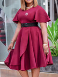 Momentlover Solid Color Belted Puff Sleeves Plus Size Round-neck Midi Dresses