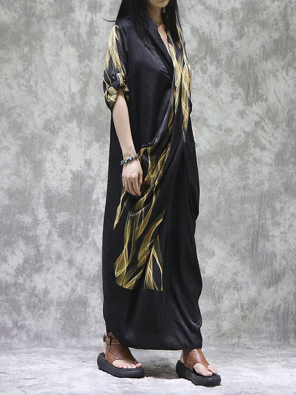 Momentlover Split-back Printed Pockets Loose Long Sleeves V-neck Maxi Dresses