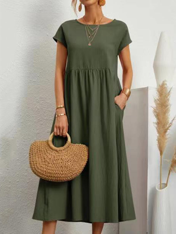 Momentlover Solid Color Pleated Short Sleeves Loose Round-Neck Midi Dresses