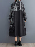 Momentlover Split-Joint Printed Buttoned Asymmetric Loose Long Sleeves Lapel Midi Dresses