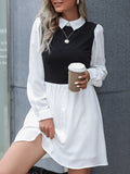 Momentlover Split-Joint Hollow Buttoned Long Sleeves High Waisted Lapel Mini Dresses