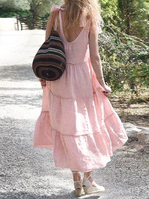 Momentlover Solid Color Sleeveless Loose V-Neck Midi Dresses