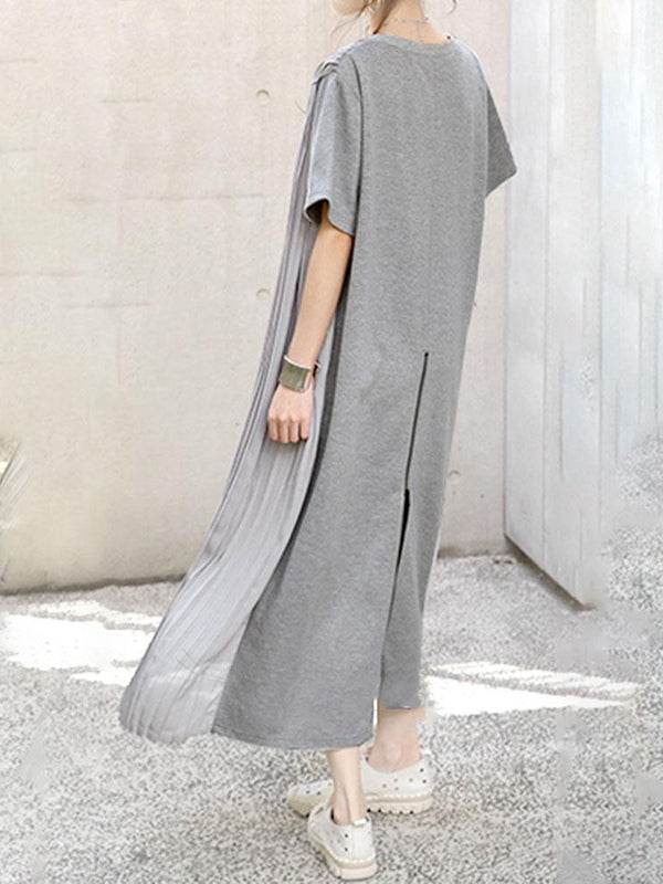 Momentlover Split-Joint Solid Color Pleated Short Sleeves Loose Round-Neck Midi Dresses