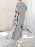 Momentlover Split-Joint Solid Color Pleated Short Sleeves Loose Round-Neck Midi Dresses