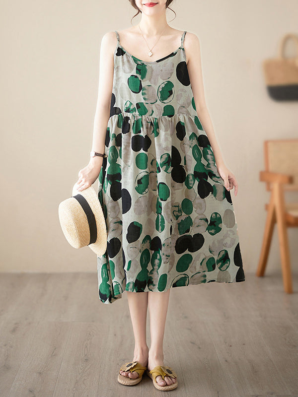 Momentlover Split-Joint Printed Pleated Sleeveless Loose Spaghetti-Neck Midi Dresses