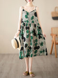 Momentlover Split-Joint Printed Pleated Sleeveless Loose Spaghetti-Neck Midi Dresses