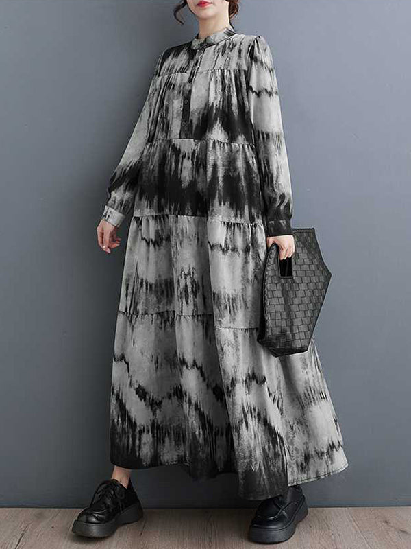 Momentlover Split-Joint Printed Pleated Loose Long Sleeves Stand Collar Midi Dresses