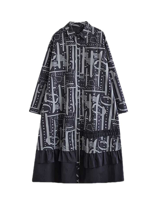 Momentlover Split-Joint Printed Buttoned Asymmetric Loose Long Sleeves Lapel Midi Dresses