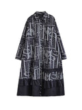Momentlover Split-Joint Printed Buttoned Asymmetric Loose Long Sleeves Lapel Midi Dresses