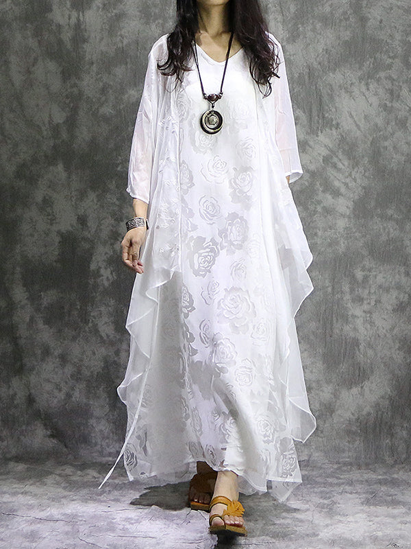 Momentlover Solid Color Flower Print Sleeveless Loose V-Neck Midi Dresses