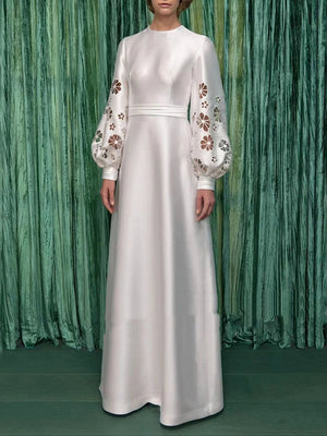 Momentlover Solid Color Hollow Puff Sleeves Loose Round-Neck Maxi Dresses