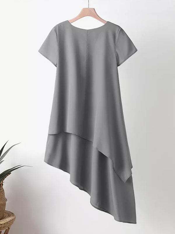 Momentlover Split-Joint Solid Color Asymmetric Short Sleeves Plus Size Round-Neck Midi Dresses